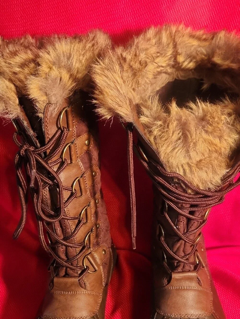 JustFab Brown Lace-Up Fur-Trim Winter Boots